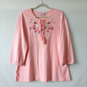 NWT Qucckers Factory Womens Salmon Pink Embellished Embroidered Tassel Top Sz L